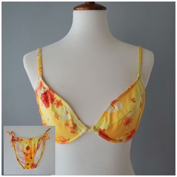 Esprit Beach Yellow Orange Tropical Floral Vintage 2 Piece Bikini Womens Medium - Picture 11 of 11